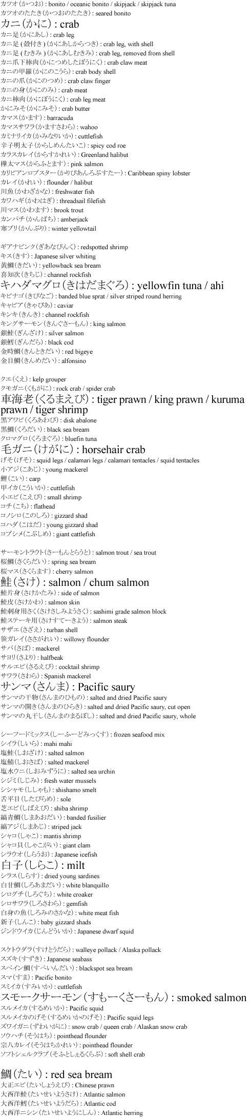 和英辞書：魚2：鮭、カニ